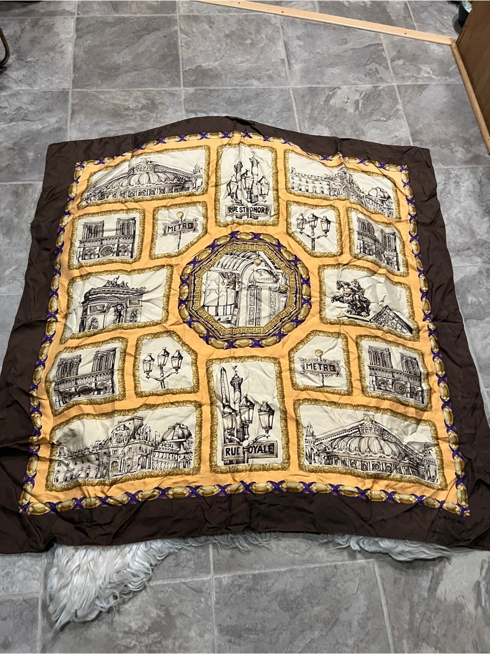 Gold Brown Decorative Paris-Themed Silk Like Scarf Shawl